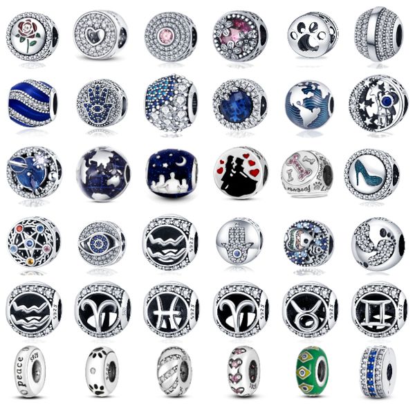 925 Argent Fit Pandora Charm 925 Bracelet Plata De Ley Dazzling Blue Family Love Rose Demon Eye charms set Pendentif DIY Fine Beads Jewelry