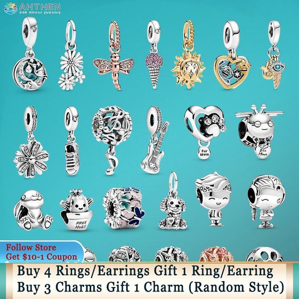 925 Plata Fit Pandora Charm 925 Pulsera Rainbow Dragonfly Sparkling Sun Flower Bees Boy Girl charms set Colgante DIY Joyería de cuentas finas