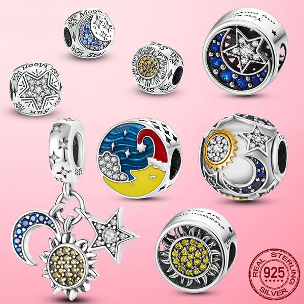 925 Plata Fit Pandora Charm 925 Pulsera Luna Sol Estrella Galaxy Cuelga los encantos conjunto Colgante DIY Joyería de cuentas finas