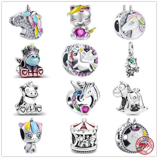 925 Silver Fit Pandora Charm 925 Bracelet Bruno La licorne Rocking Horse Charms Set Pendant Diy Fine Perles Bijoux