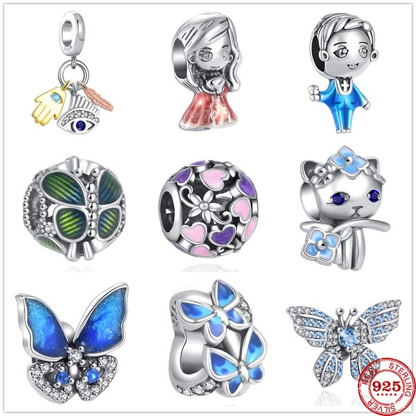 925 Argent Fit Pandora Charm 925 Bracelet Papillon Fleur Chat Démon Oeil Danse Partenaire Perles charmes ensemble Pendentif DIY Perles Fines Bijoux