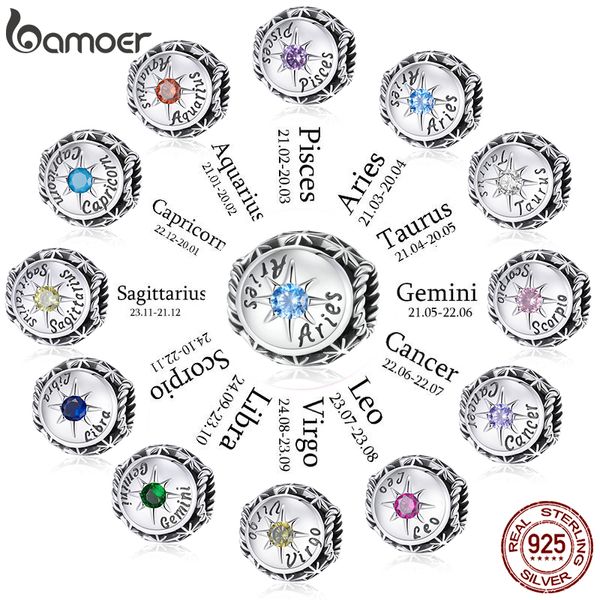 925 Argent Fit Pandora Charm 925 Bracelet bamoer Zodiac Star Sign ensemble de breloques Pendentif DIY Fine Beads Jewelry