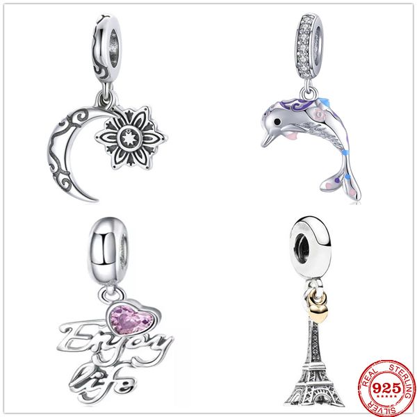 925 Argent Fit Pandora Charme 925 Bracelet Dauphin Lune Tour Eiffel ensemble de breloques Pendentif DIY Fine Perles Bijoux