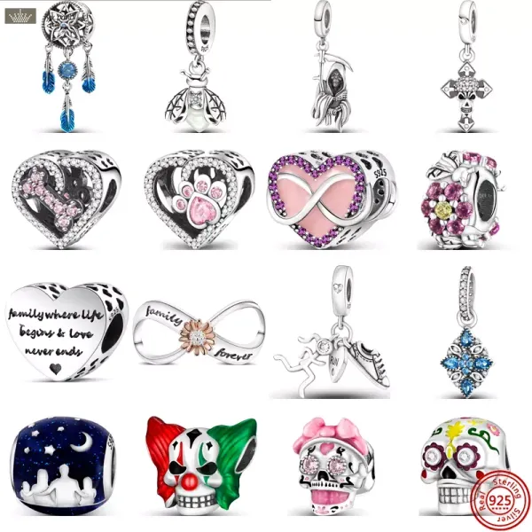 925 Silver Fit Pandora Charm 925 Pulsera Skull Joker Feather Paw Print Heart Flowers Forever charms Para pandora charms jewelry 925 charm beads accesorios