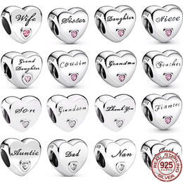 925 Silver Fit Pandora Charm BDaughter Sister Wife Cousin Oncle Heart Shape Fashion Charms Set Pendentif DIY Fine Beads Jewelry, Un cadeau spécial pour les femmes