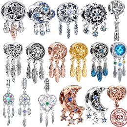 925 Silver Fit Pandora Charm Coeur Creux et Trois Plumes Fashion Charms Set Pendentif DIY Fine Beads Jewelry, Un Cadeau Spécial pour les Femmes