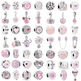925 Silver Fit Pandora Charm Pink Flower Backpack Balloon Fashion Charms Set Colgante DIY Fine Beads Jewelry, un regalo especial para mujeres