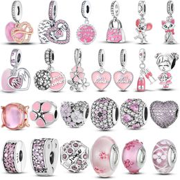 925 Silver Fit Pandora Charm Rose Pink Series Infinite Love Mom Heart To Heart Beads Dangle Fashion Charms Set Colgante DIY Fine Beads Jewelry