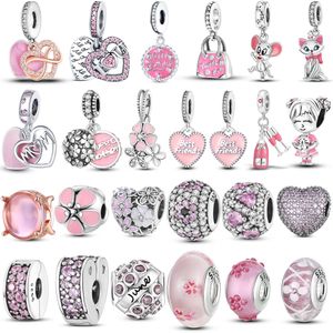 925 Silver Fit Pandora Charm Rose Pink Series Infinite Love Mom Heart To Heart Beads Dangle Fashion Charms Set Colgante DIY Fine Beads Jewelry