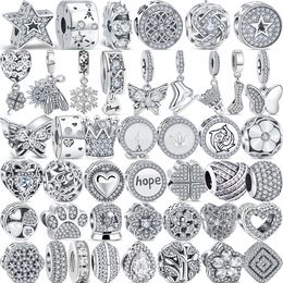 925 Silver Fit Pandora Charm Silver Crown Flower Heart Set Shiny Simple Silver Fashion Charms Set Colgante DIY Fine Beads Jewelry, un regalo especial para mujeres