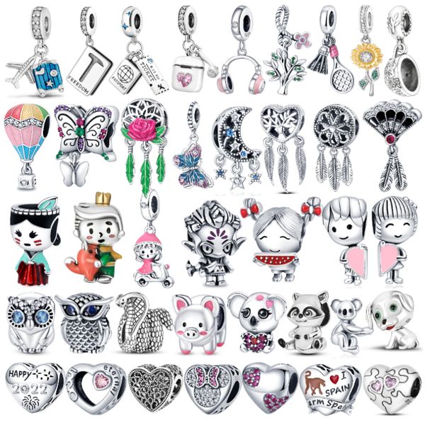 925 Silber für Pandora-Charm, Reisen, Flugzeug, Reisepass, Anhänger, Eule, Katze, Liebe, modisches Charms-Set, Anhänger zum Selbermachen, feiner Perlenschmuck, ein besonderes Geschenk für Frauen