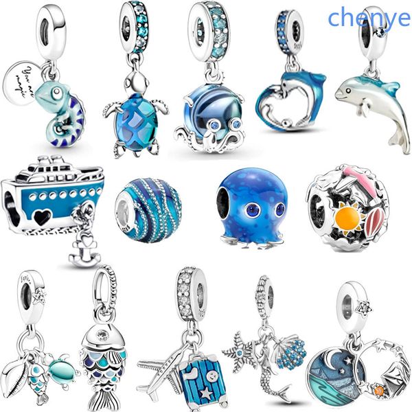 925 Argent Fit Pandora CharmBlue Perle Couleur Changeante Caméléon Pieuvre Poisson Tortue Perle Dangle Mode Charmes Ensemble Pendentif DIY Fine Perles Bijoux