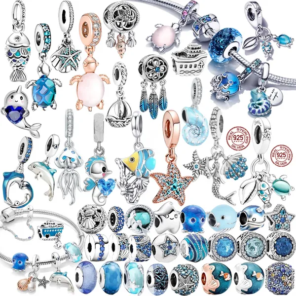 925 Argent Fit Pandora CharmPink Original Poissons, Tortues et Escargots Fashion Charms Set Pendentif DIY Fine Beads Jewelry, Un cadeau spécial pour les femmes