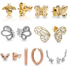 925 Zilver Fit Pandora Oorbellen Crystal Fashion vrouwen Sieraden Gift Oorstekers 7 Stijl Oorbellen Met Rose Gold Bee Butterfly Lion Crystal