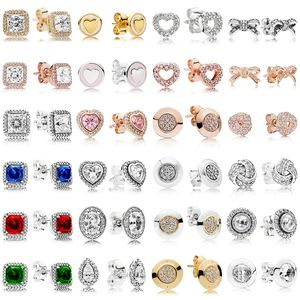 925 zilveren fit Pandora oorbellen kristal mode dames sieraden cadeau oorbuien kenmerkende boog vierkant boor liefde hart