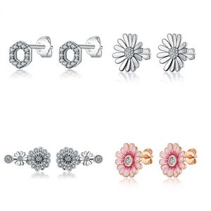 925 argent Fit Pandora boucles d'oreilles cristal mode femmes bijoux cadeau oreille goujons bricolage fleur rose marguerite cristal clair