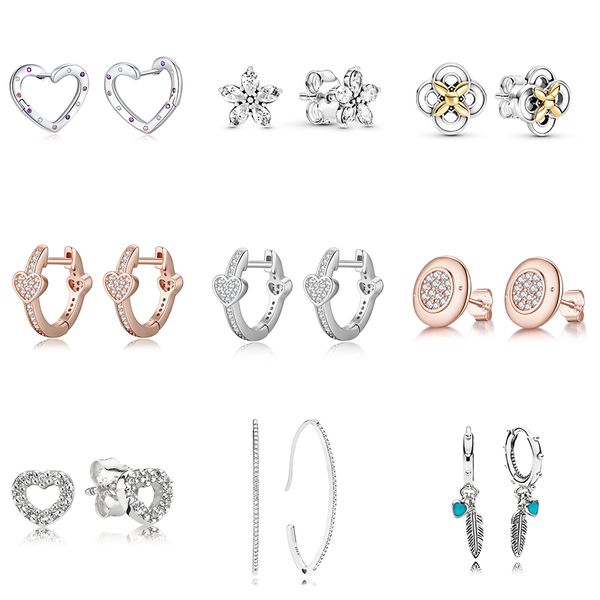 925 Silver Fit Pandora Pendientes Crystal Moda mujer Joyería Regalo Ear Studs Diy Rose Gold Heart Flower Diy Dreamcatcher Heart Crystal