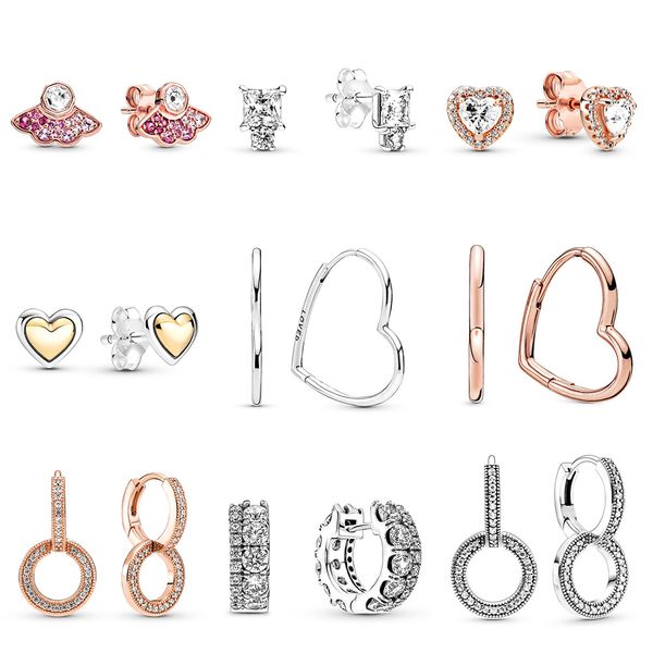 925 argent Fit Pandora boucles d'oreilles cristal mode femmes bijoux cadeau oreille goujons grand coeur forme bricolage or couleur cristal clair