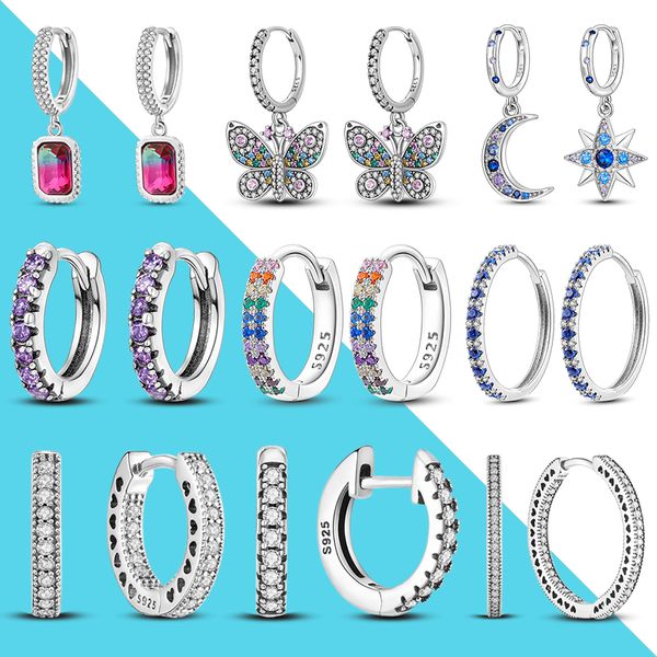 925 Argent Fit Pandora Boucles D'oreilles Cristal De Mode femmes Bijoux Cadeau Boucles D'oreilles Double Hoop Boucles D'oreilles Pave CZ Fine Fiançailles Anniversaire Bijoux