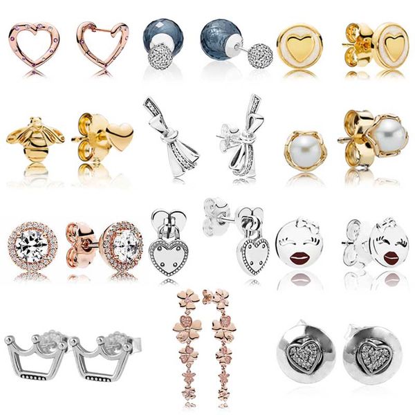 925 Silver Fit Pandora Pendientes Crystal Moda mujer Joyería Regalo Ear Studs Elegance Golden Bee Candado inspirado en Love Locks Brilliant Bow