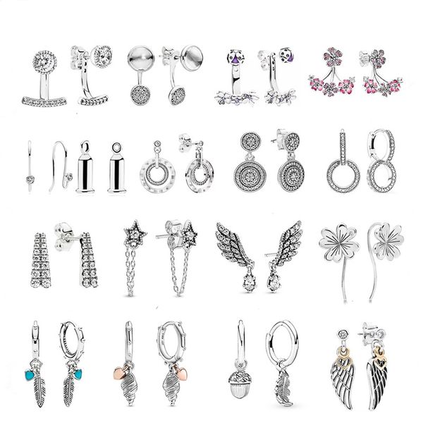 925 Argent Fit Pandora Boucles D'oreilles Brillant Double Anneau Boucles D'oreilles Sainte Plume Série Daisy Mode Style Fine Boucles D'oreilles Bijoux