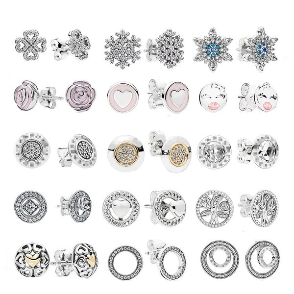 Pendientes Pandora de plata 925 Pendientes de copo de nieve, Hierba de cuatro hojas, Estilo de crisantemo, Serie de amor Estilo de moda Pendientes finos Joyas