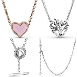 925 zilveren fit Pandora ketting hanger hart vrouwen mode sieraden cirkel logo t bar roze swirl hart stamboom collier