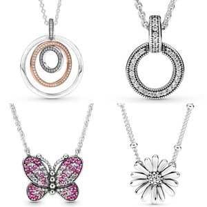 925 Argent Fit Pandora Collier Pendentif coeur femmes bijoux de mode Dazzling Pink Butterfly Double Two-tone Circles