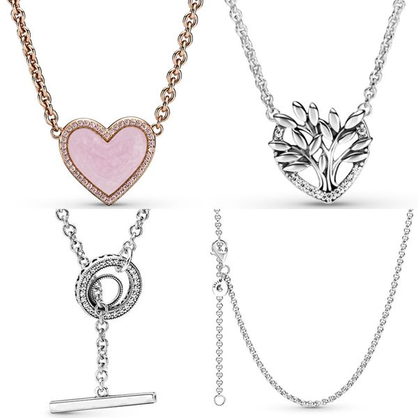 925 Argent Fit Pandora Collier Pendentif coeur femmes bijoux de mode Cercle Logo T bar Rose Tourbillon Coeur Famille Arbre Collier