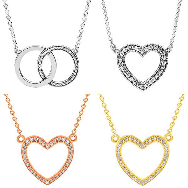 925 Argent Fit Pandora Collier Pendentif coeur femmes bijoux de mode Real Loving Hearts Entwined Circles Logo Signature