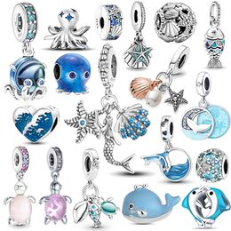 925 plata Fit Pandora Original encantos DIY colgante mujeres pulseras cuentas nuevo océano azul mar tortuga colgante cuenta