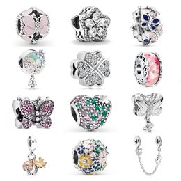 925 zilveren fit pandora originele charmes diy hanger dames armbanden kralen nieuwe zilveren roze bloem vlinder charm glazen kralen passen originele vrouwen