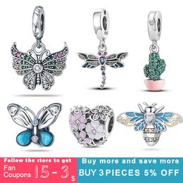 925 argent Fit Pandora Original breloques DIY Pendentif femmes Bracelets perles Papillon Fleur Bouquet Abeille Libellule Dangle