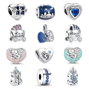 925 argent Fit Pandora Original breloques DIY Pendentif femmes Bracelets perles New Silver Blue Family Pendentif BoyGirl Biberon