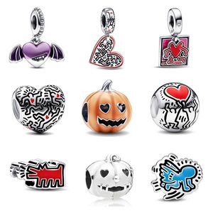 925 Plata Fit Pandora encantos originales DIY colgante mujeres pulseras cuentas luminosa cabeza de calabaza encanto Halloween cráneo colgante