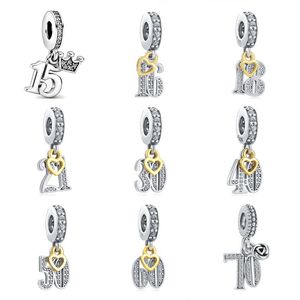 925 argent Fit Pandora Original breloques DIY Pendentif femmes Bracelets perles Anniversaire Numéros 16 18 Pendentif