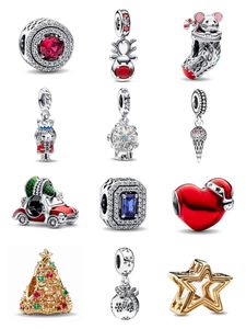 925 argent Fit Pandora Original breloques DIY Pendentif femmes Bracelets perles Snowglobe Dangle Charm Métallique Rouge Coeur De Noël