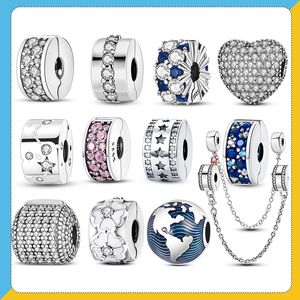 925 argent Fit Pandora Original charmes DIY Pendentif femmes Bracelets perles Brillant CZ Coeur Clip Charme Fleur Perle Safey Chaîne Bouchon