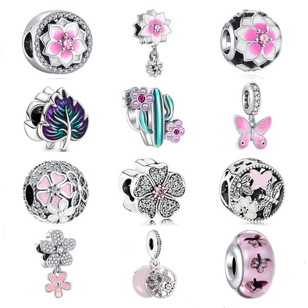 925 argent Fit Pandora Original breloques DIY Pendentif femmes Bracelets perles 925 fleurs roses Papillon Perle De Verre Accessoires