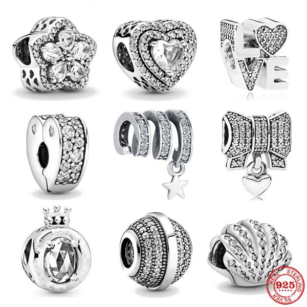 925 argent Fit Pandora Original breloques DIY Pendentif femmes Bracelets perles Zircon Shell Brillant Amour Coeur fleur