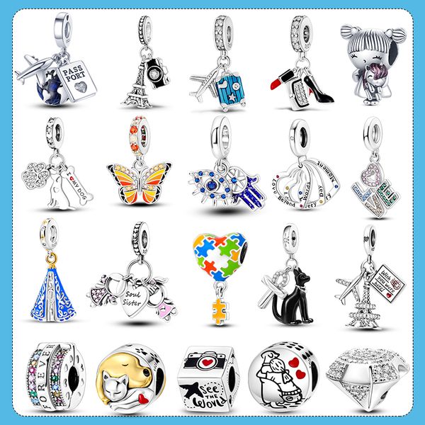 925 Silver Fit Pandora Charms Originales Diy Mujeres Pulseras Bobinas Balas Balas de bolas Camina de viaje Dangle