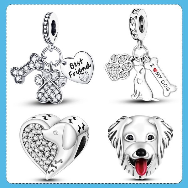 Argent 925 Fit Pandora Charms originaux DIY Pendentif femmes Bracelets perles Dog Collection Charms Golden Retriever Bone Footprint Doggy