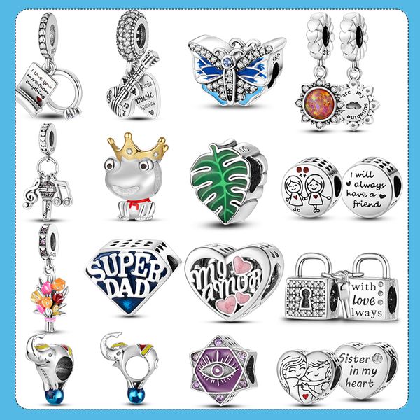 925 argent Fit Pandora Original breloques DIY Pendentif femmes Bracelets perles Nouveau Design Fine Grenouille Prince Guitare Musique Charmes