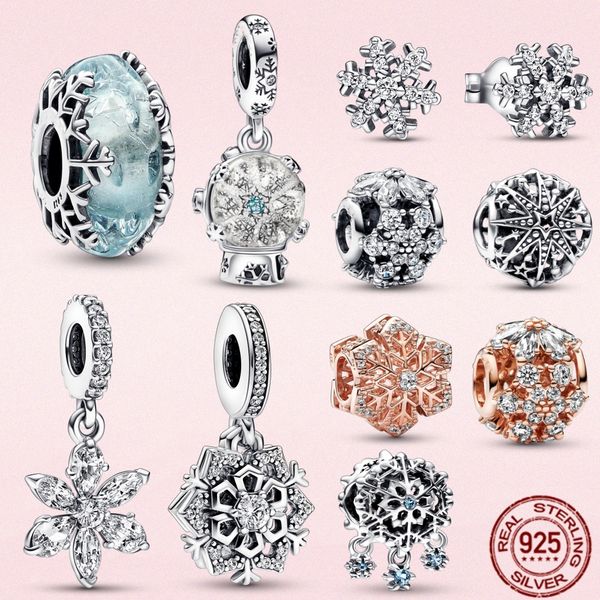 925 plata Fit Pandora Original encantos DIY colgante mujeres pulseras cuentas invierno serie S925 plata copo de nieve encanto azul cristal de Murano