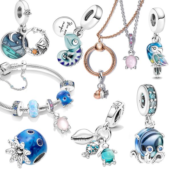 925 argent Fit Pandora breloques originales bricolage pendentif femmes Bracelets perles verre de Murano rose tortue charme Jungle paradis perroquet