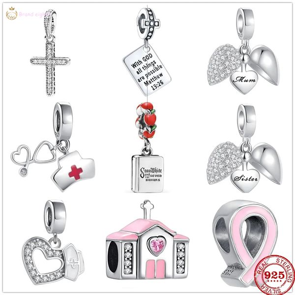 925 Silver Fit Pandora Stitch Bead Cross Hospital Enfermera Pulsera Charm Beads Cuelga DIY Accesorios de joyería para Pandora Charms Sterling Silver Beads