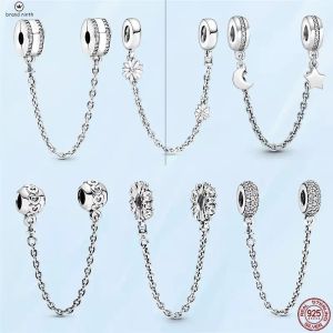 925 Zilver voor Pandora Charms Sieraden Kralen Moon Stars Sparkling Pave Silver Safety Chain Charms Set Hang Diy Fine Beads Sieraden