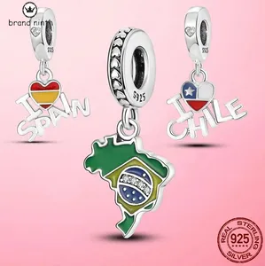 925 argent pour pandora charmes bijoux perles Bracelet Espagne Chili Brésil Drapeau Amour charme ensemble Pendentif DIY Fine Perle Bijoux