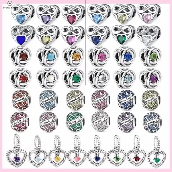 925 argent pour pandora charmes bijoux perles 925 Bracelet Coeur Pierre de Naissance Charme Multicolore Rond Zircon Fleur ensemble de charmes Pendentif DIY Fine Perles Bijoux