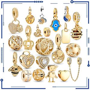 925 Silver Gold Family Genealogy Heart Shaped Crown Pendant Charming Fit Original PAN Bracelet Women's DIY Jewelry Gift Free Shipping